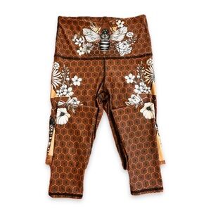 🐝 Honeycomb Bee Floral Print High Waisted Leggings Yoga Democracy Beeloved EUC